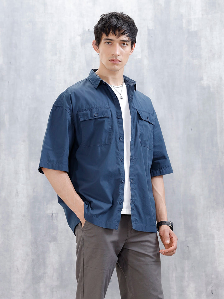 Wrogn Men's Oversized Plus Double Pocket Shirt | Blue