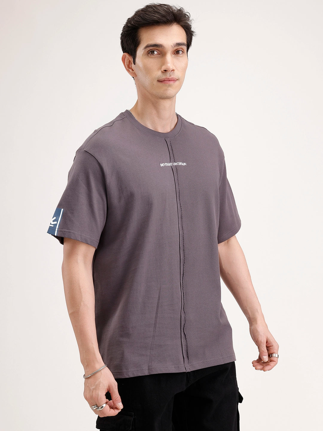 Oversized Popcorn Textured Cut & Sew T-Shirt | Dark Grey