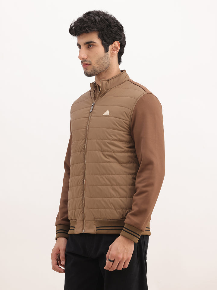 Solid Tipping Sleeve Puffer Jacket | Brown