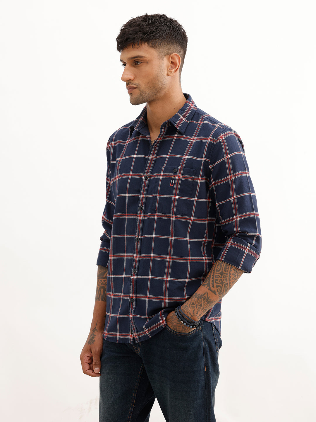 Slim Fit Checkered Full Sleeve Shirt | Navy Blue