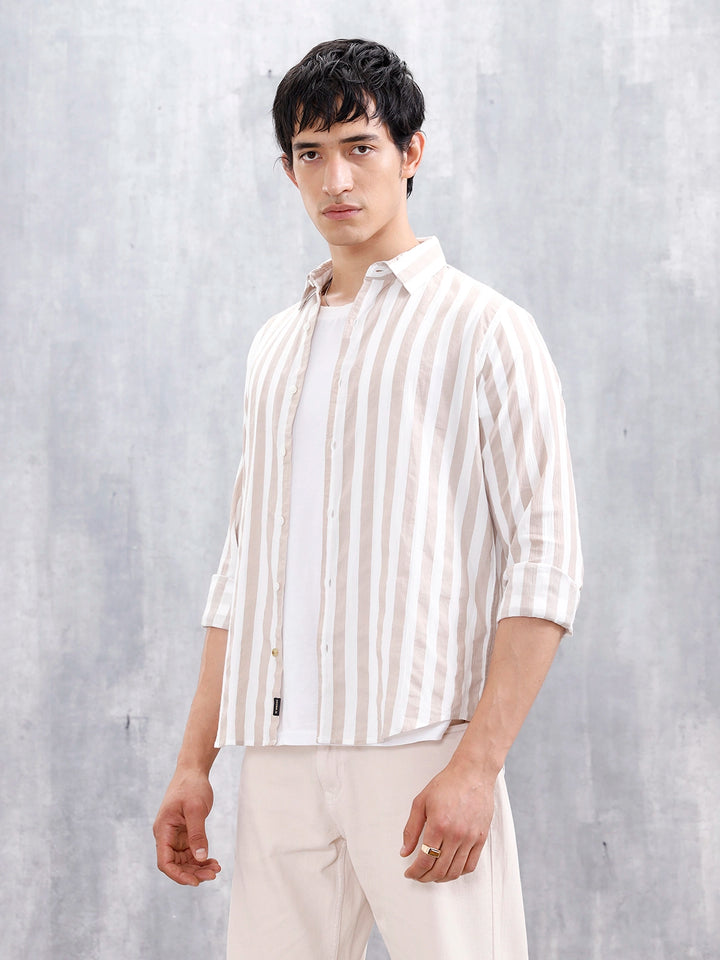 Comfort Fit Striped Casual Shirt For Men | Beige