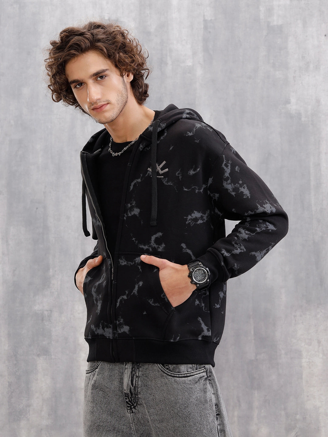 Distressed Printed Front Open Hooded Sweatshirt  |  Black