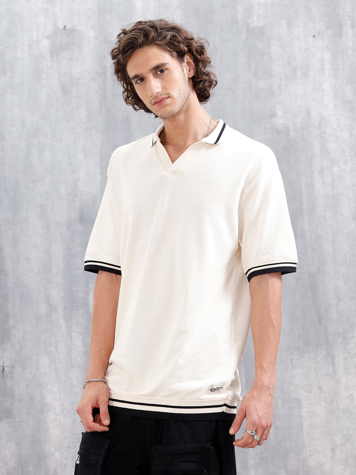 Oversized Polo T-Shirt With Contrast Trim Details | Beige