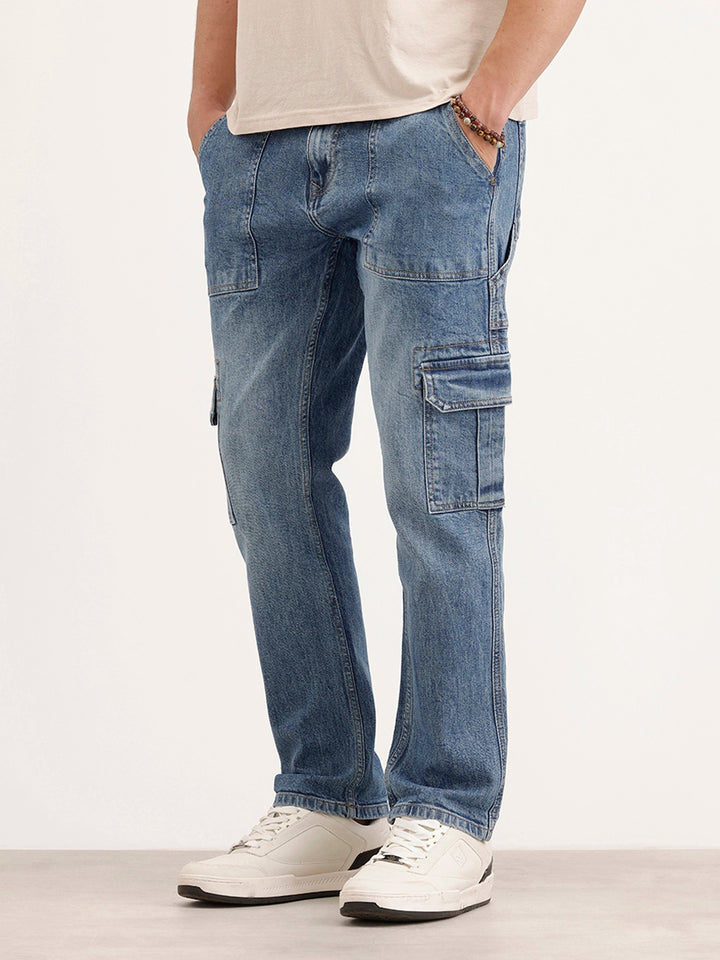 Relaxed Fit Cargo Denim Jeans | Blue
