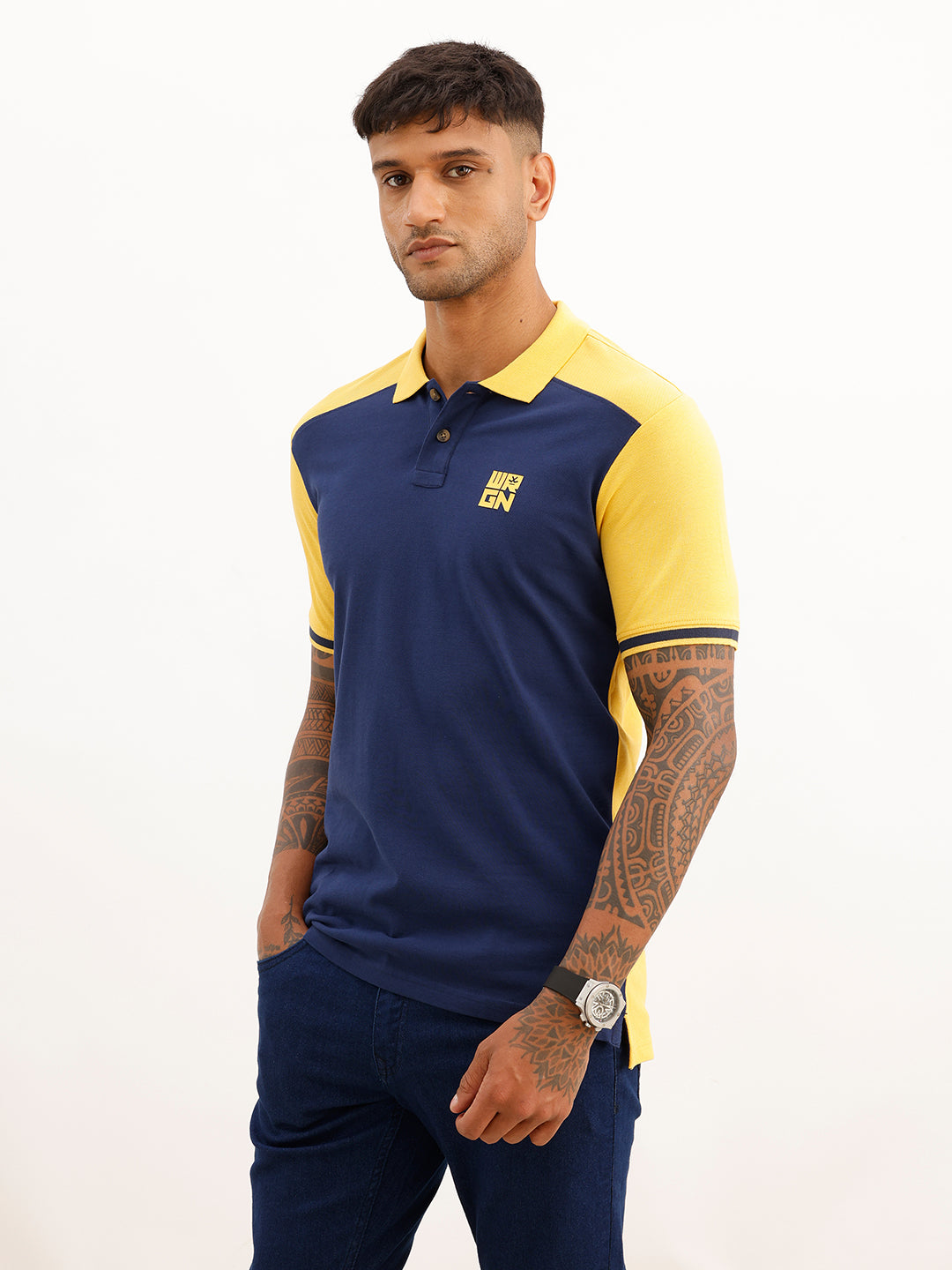 Regular Fit Pannel Printed Polo T-Shirt | Navy Blue