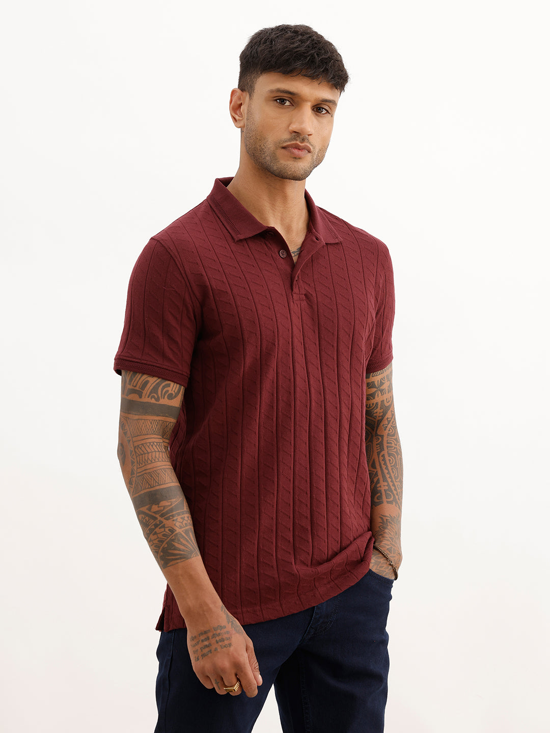 Textured Slim Fit Polo T-Shirt | Wine