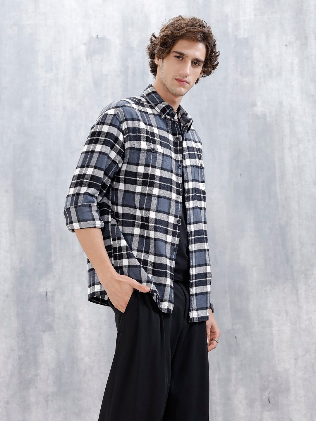 Wrogn Men's Oversized Checks Shirt | Grey