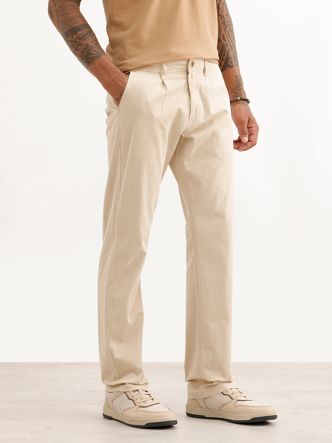 Solid Slim Fit Pleated Trouser | Off White