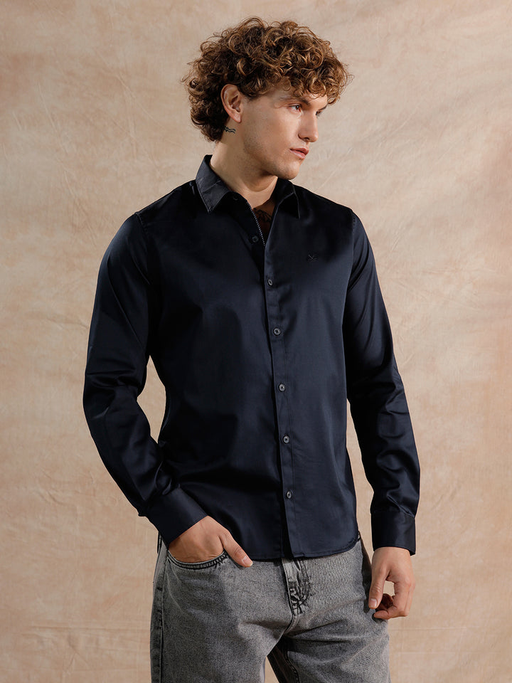 Solid Stretch Cotton Blend Shirt | Navy Blue