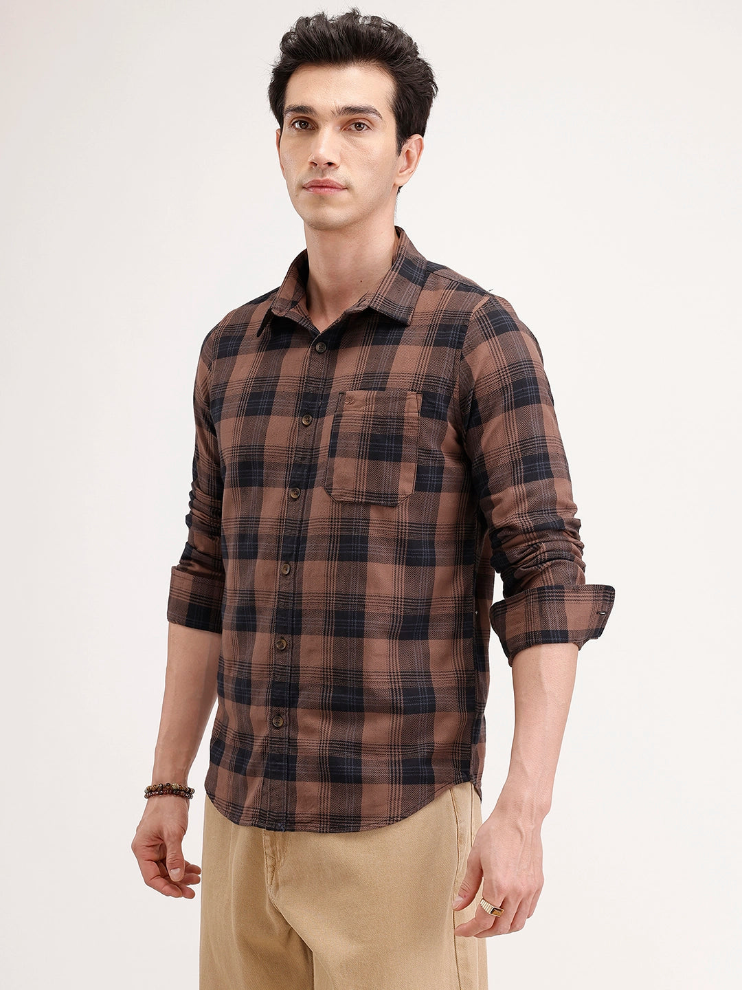 Slim Fit Checkered Shirt | Brown