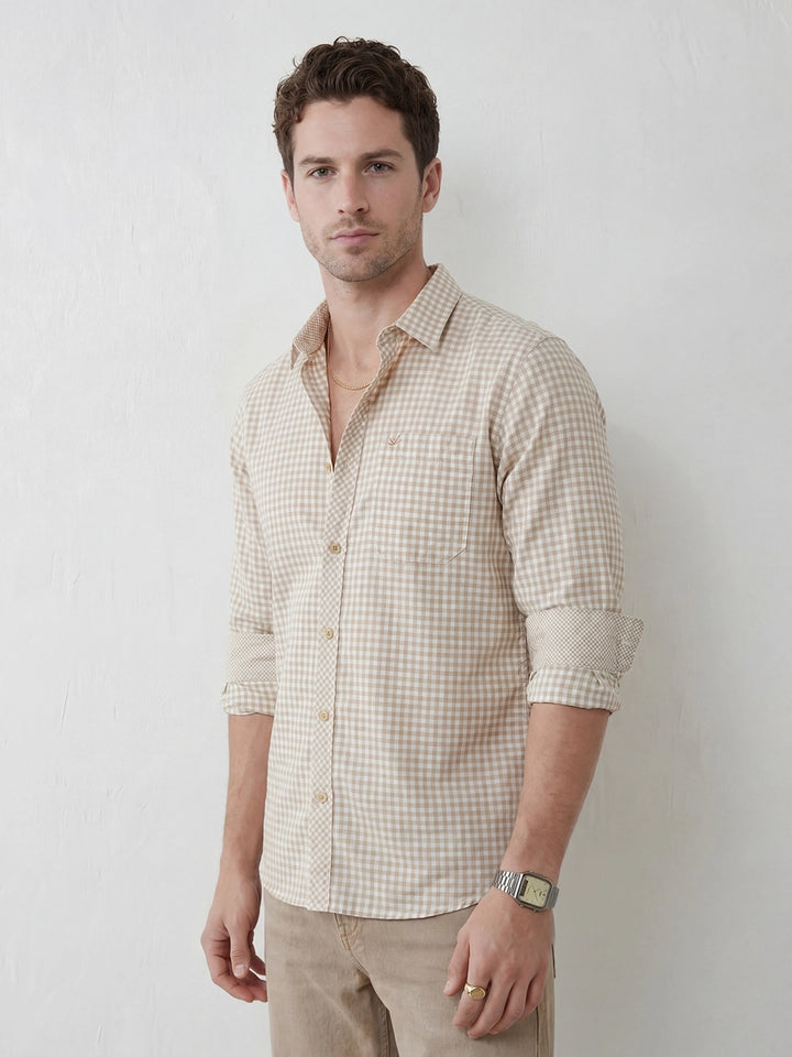 Slim Fit Gingham Checkered Shirt | Beige