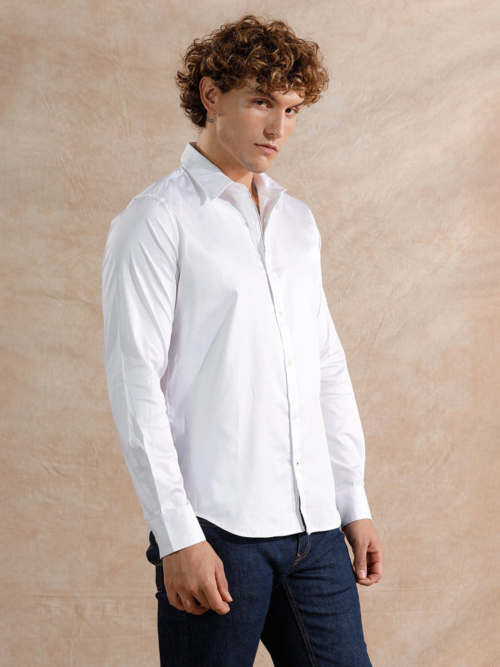 Solid Stretch Cotton Blend Shirt | White