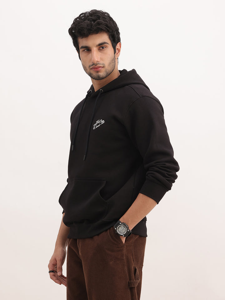 Comfort Fit Embroidery Detail Hooded Sweatshirt | Black