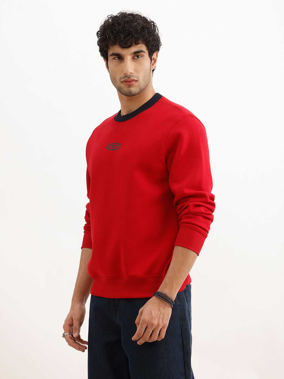 Solid Contrast Collar Placement Printed Sweatshirt | Red
