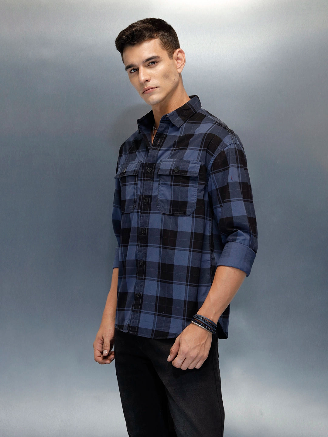 Men's Casual Oversized Fit Checkered Pattern Shirt | Blue