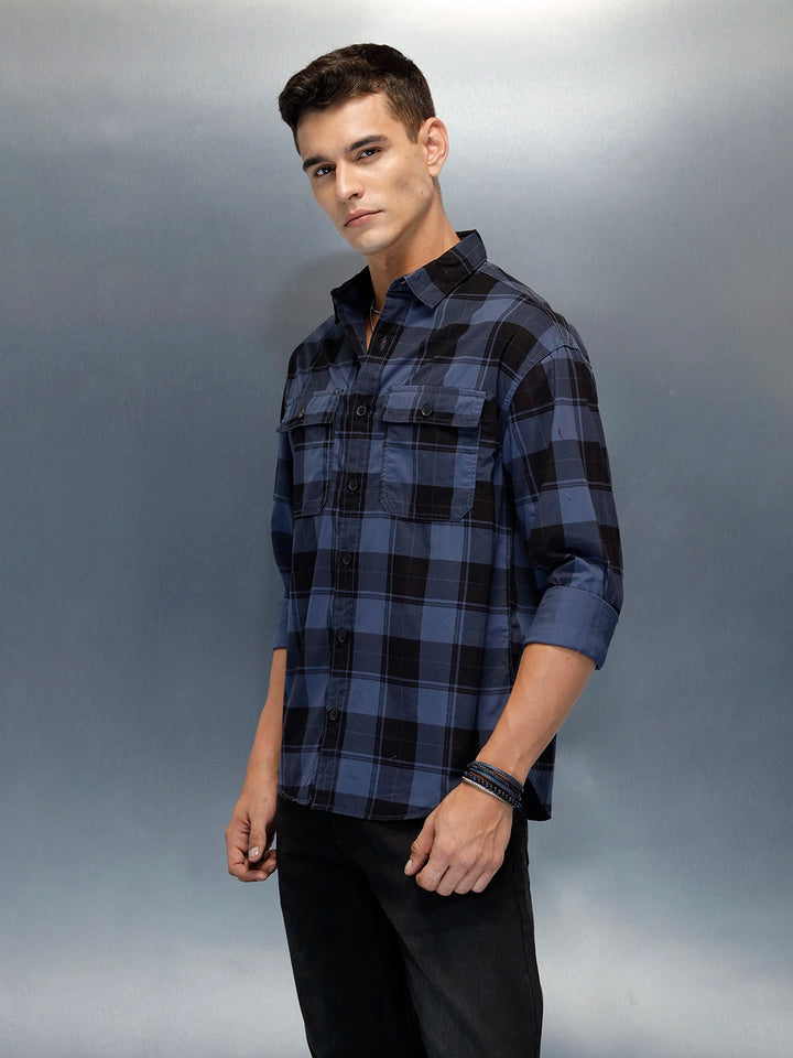Men's Casual Oversized Fit Checkered Pattern Shirt | Blue