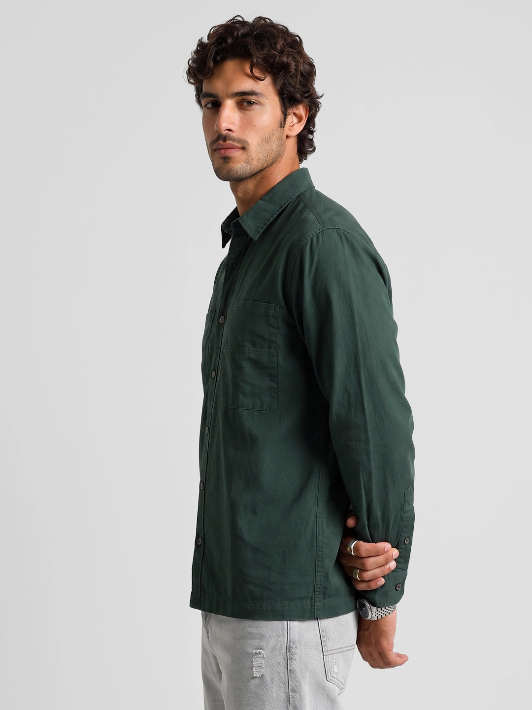 Solid Comfort Fit Double Pocket Shirt | Dark Green