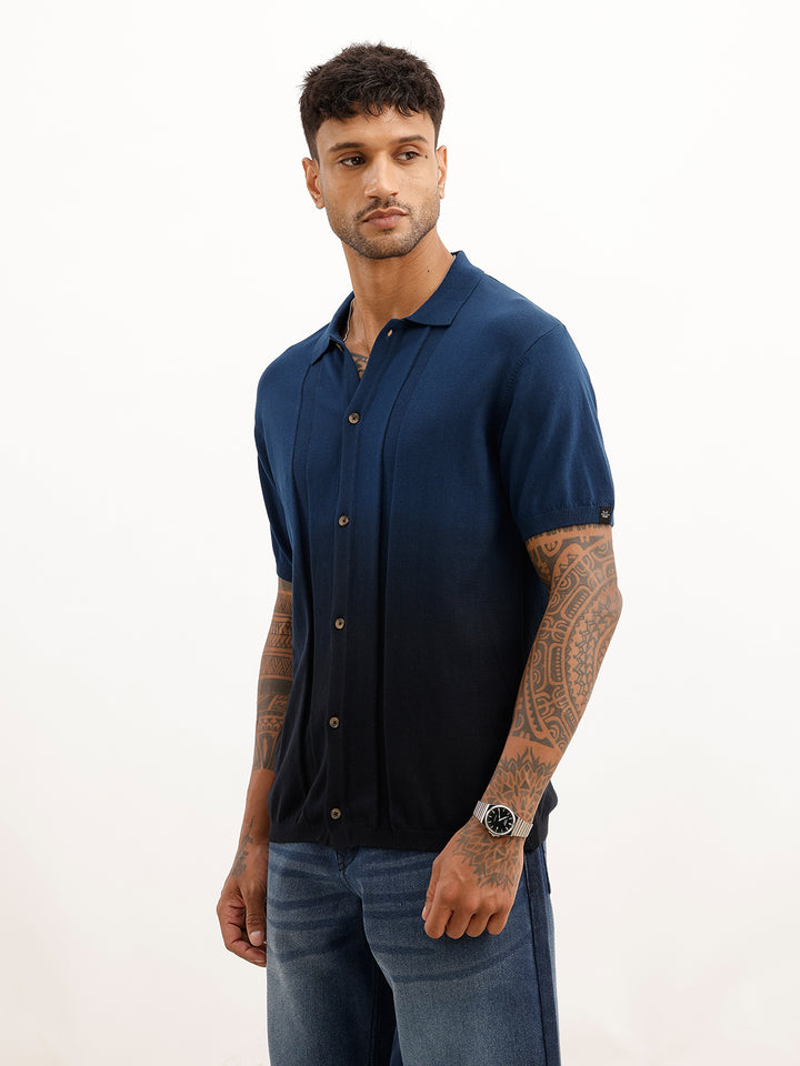 Solid Half Sleeve Flat Knit Shirt | Navy Blue