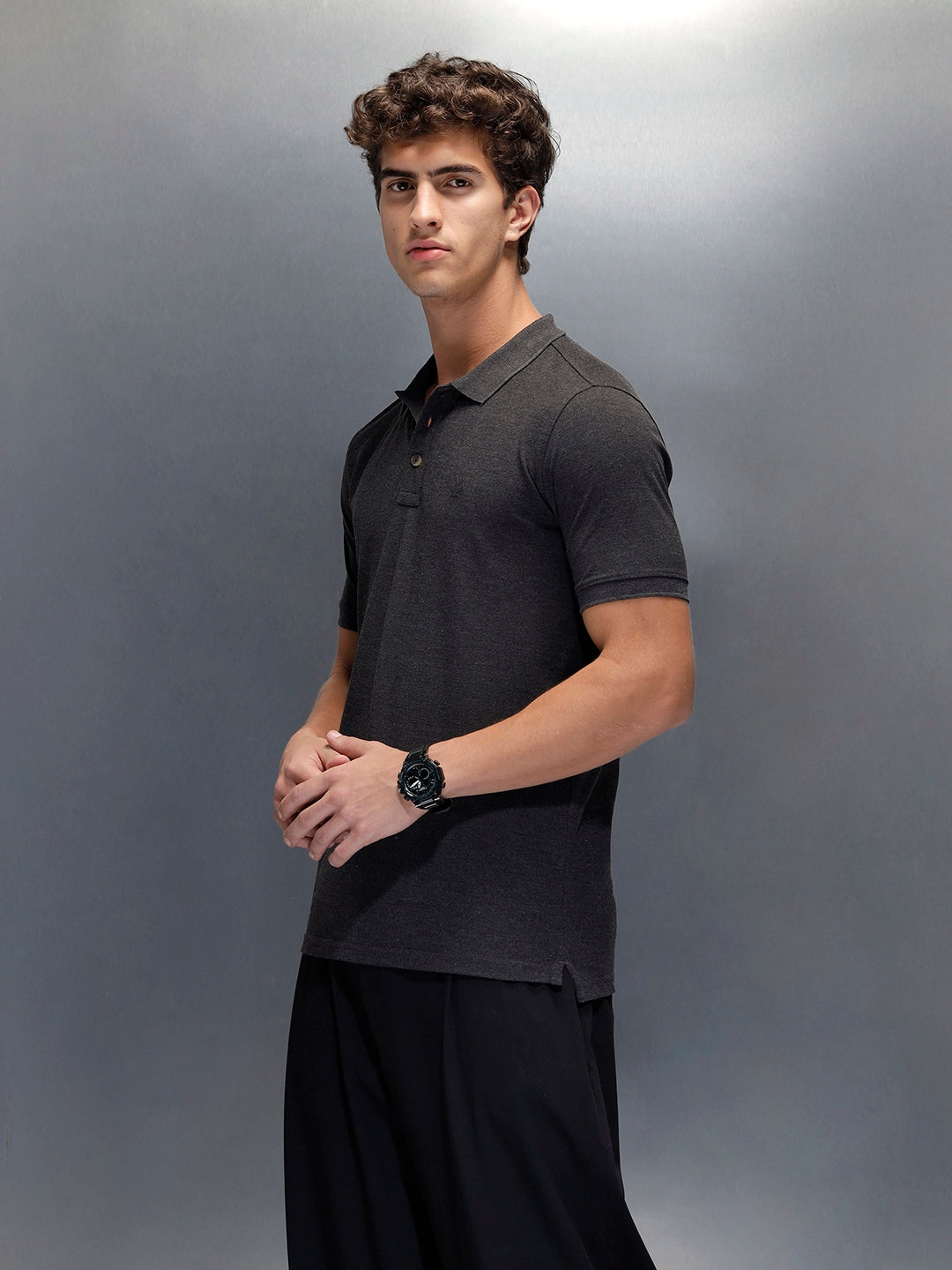 Wrogn Smart Casual Slim Fit Polo for Men | Dark Grey