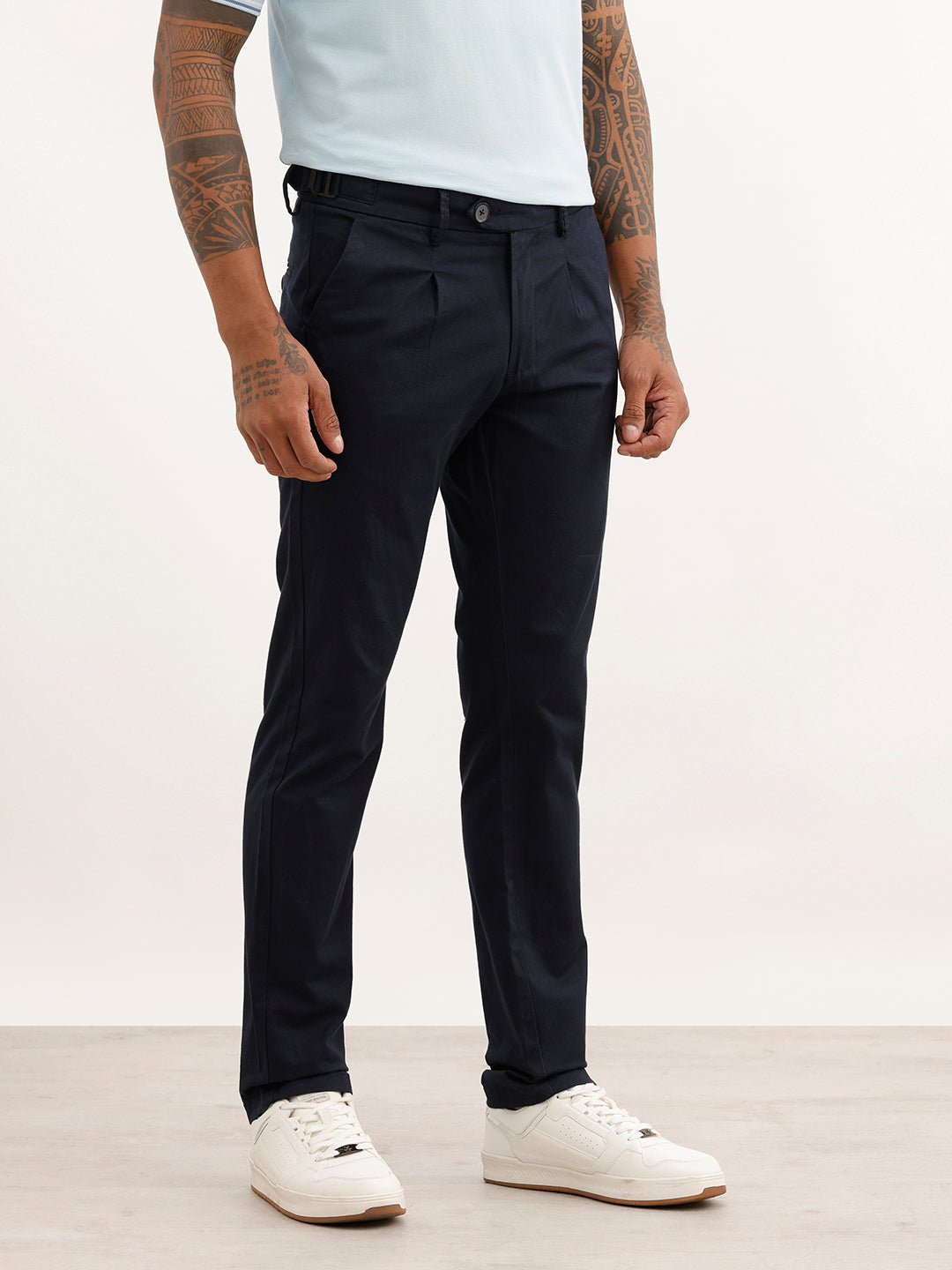 Solid Slim Fit Pleated Trouser | Navy Blue