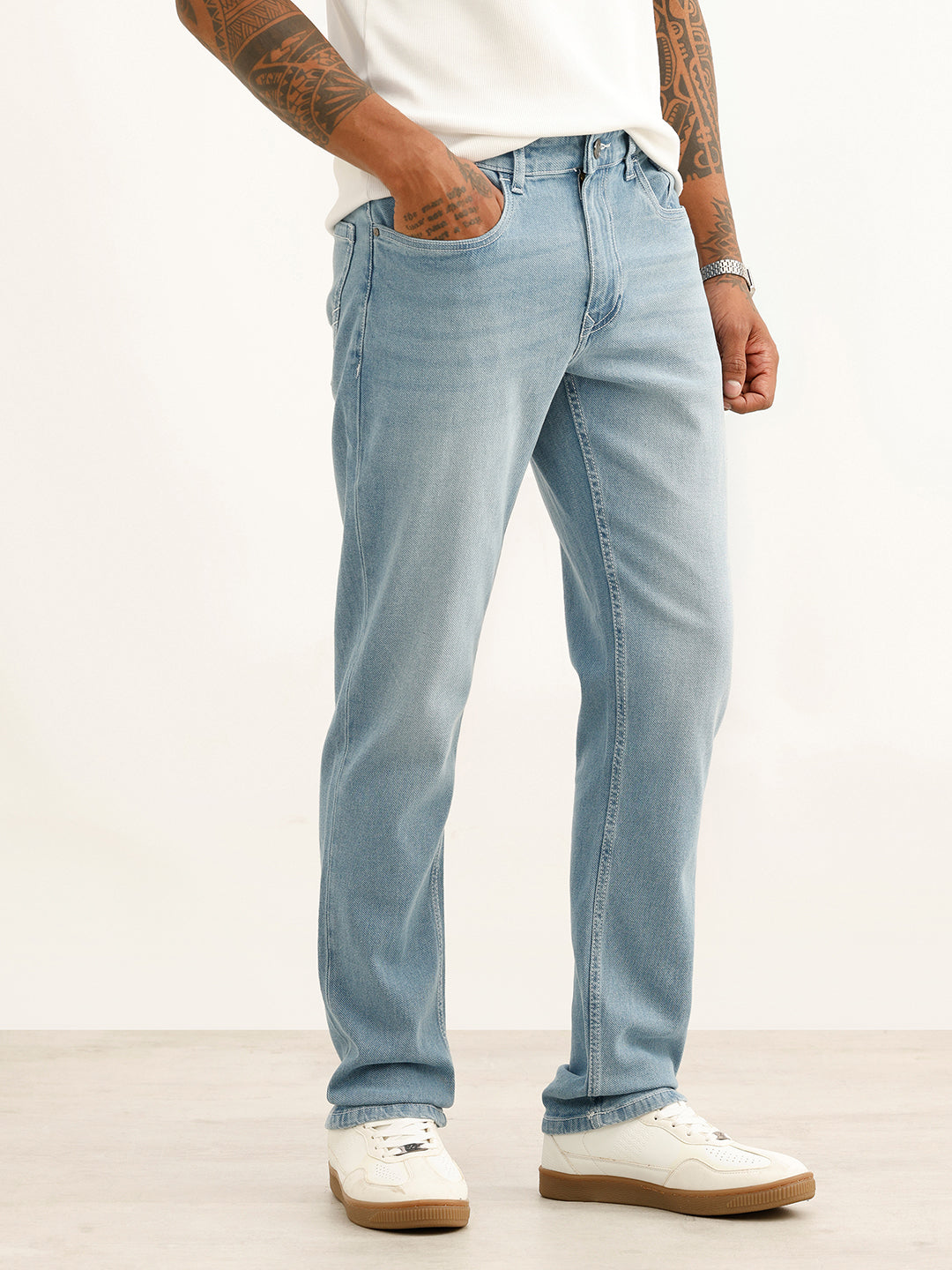 Washed Straight Fit Denim Jeans | Light Blue