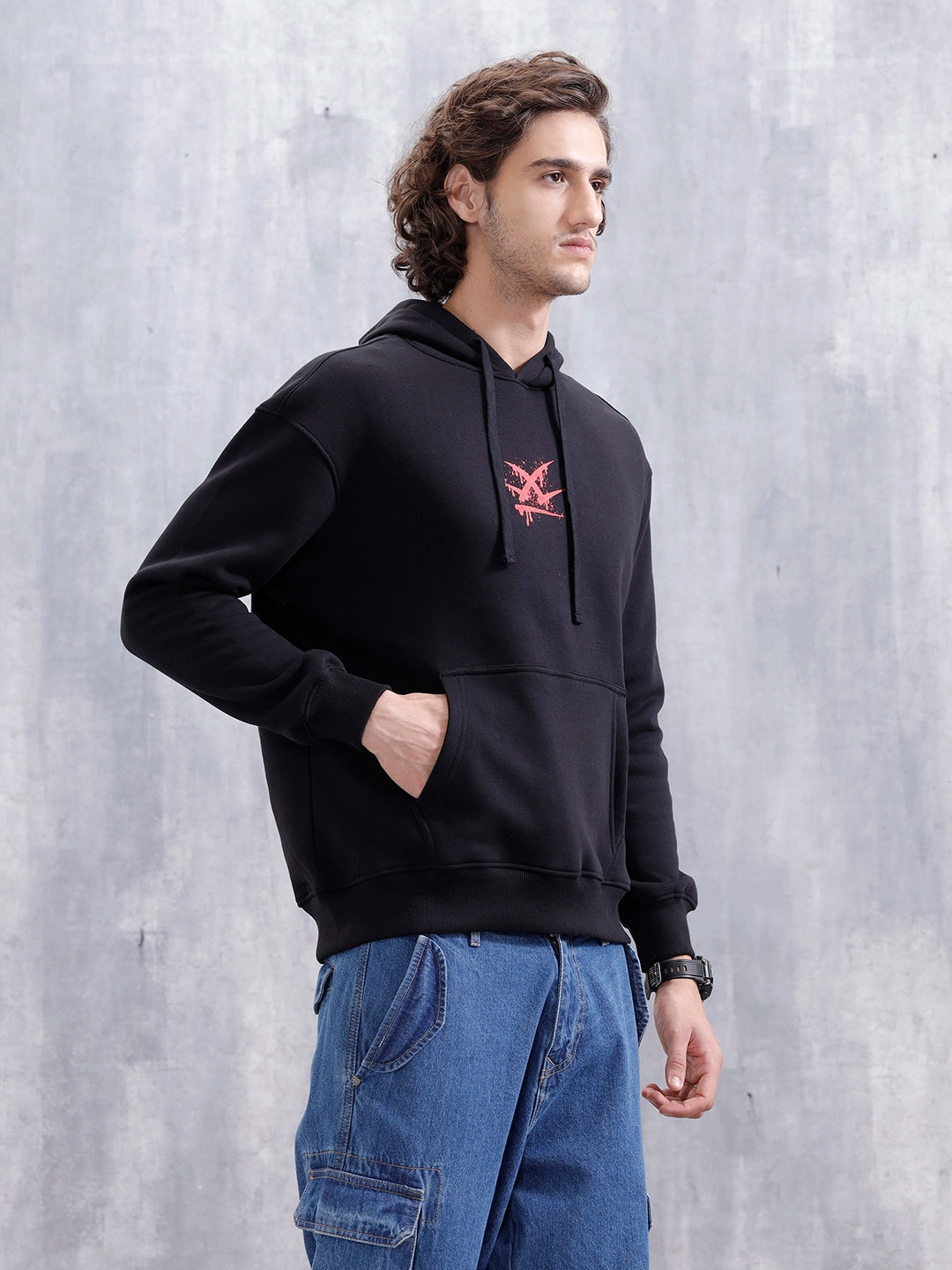 Graffiti Patch Oversized Brushed Fleece Hoodie | Black