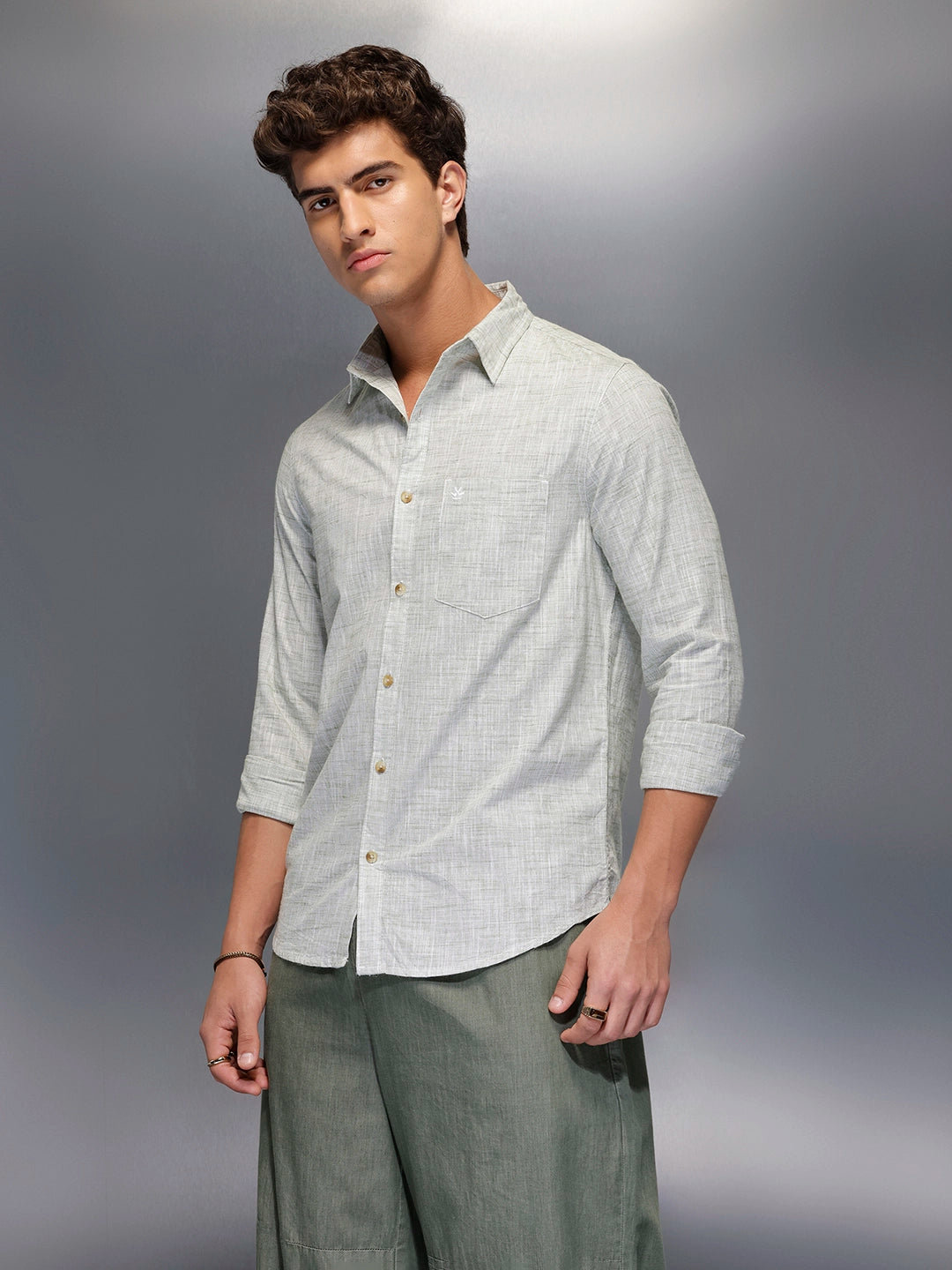 Solid Linen Blend Shirt   |  Green