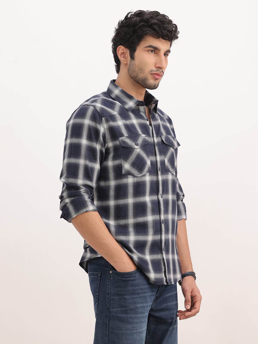 Slim Fit Checkered Double Pocket Shirt | Navy Blue