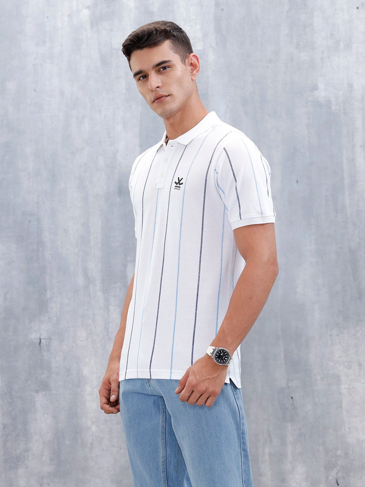 Men's Casual Regualr Fit Striped Pattern Polo T-Shirt | White