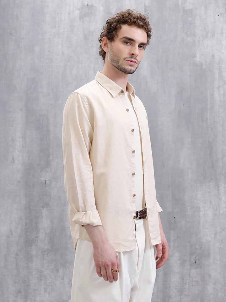Solid Linen Blend Slim Fit Shirt | Beige