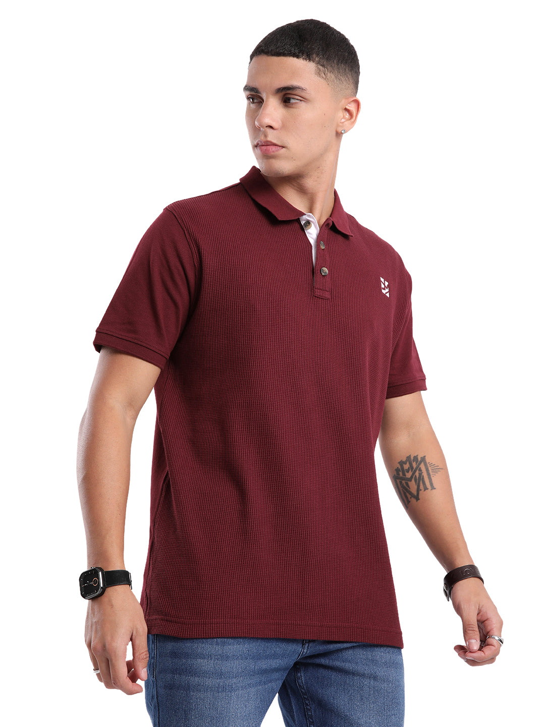 Textured Maroon Waffle Polo T-Shirt