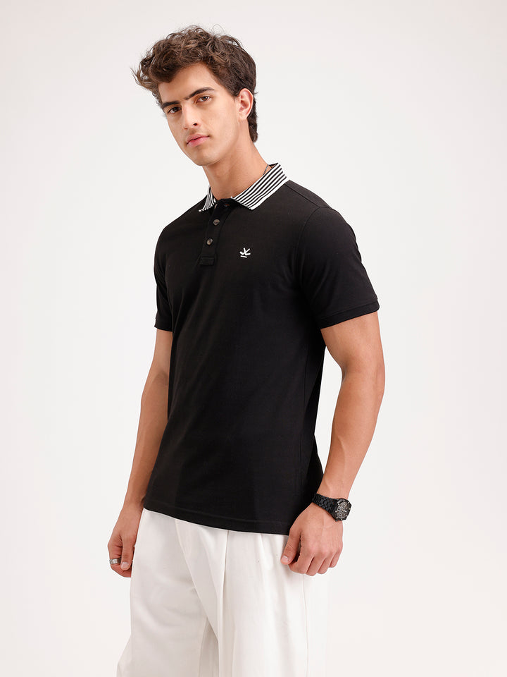 Regular Fit Contrast Collar Polo T-Shirt  | Black