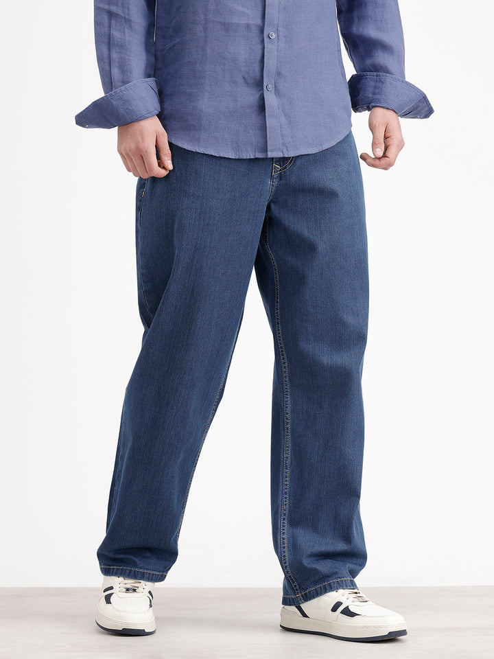 Loose Fit Textured Denim Jeans | Blue