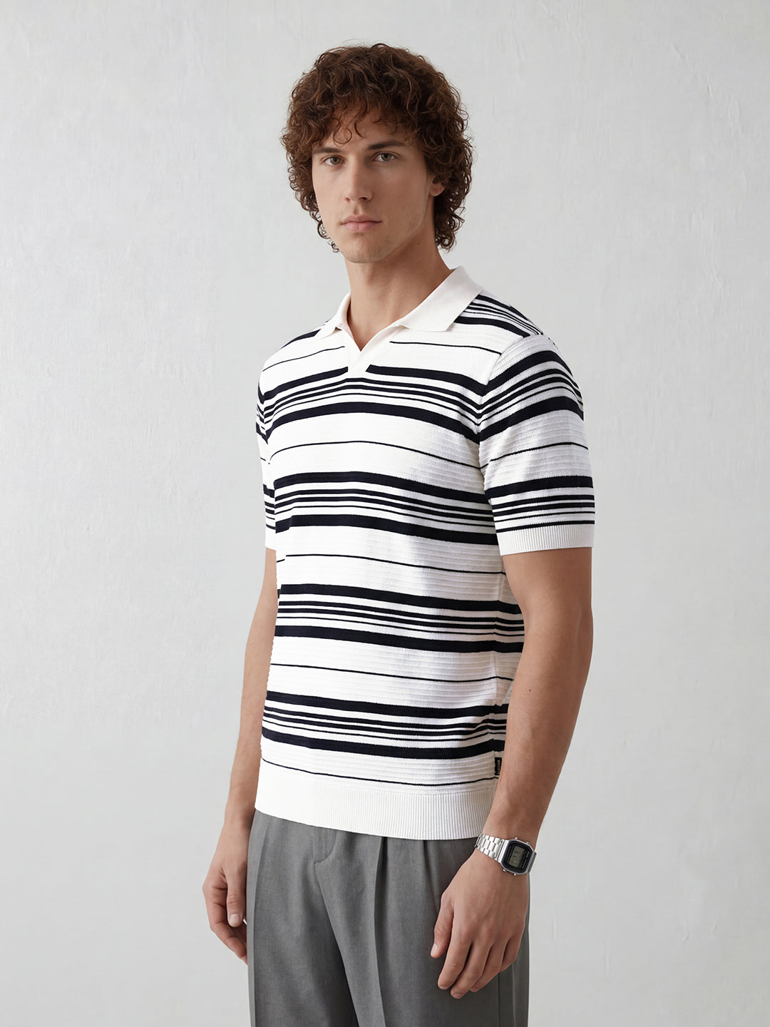 Striped Knitted Johnny Collar Polo Tee | White