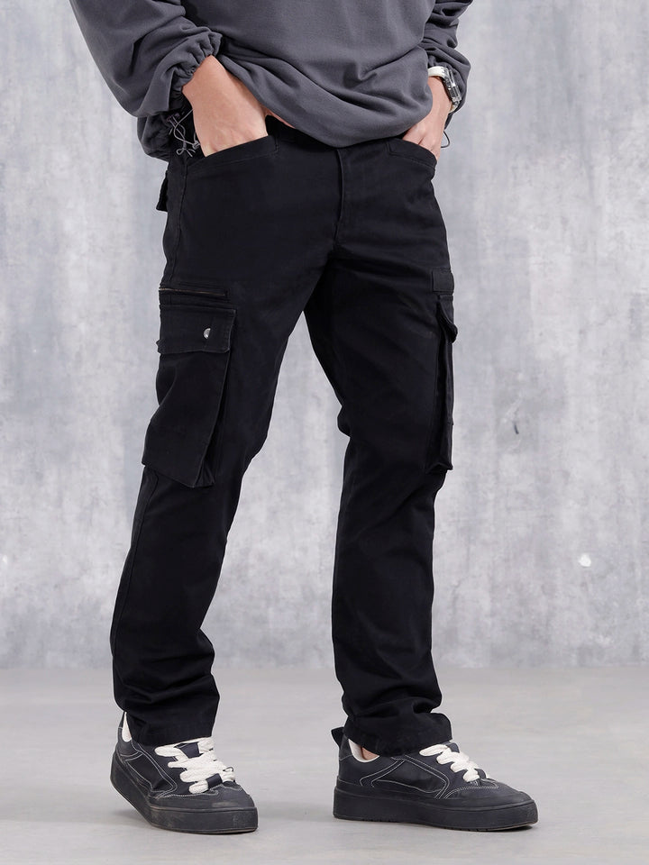 Straight Fit Cotton Twill Utility Trousers With Snap Pockets | Black