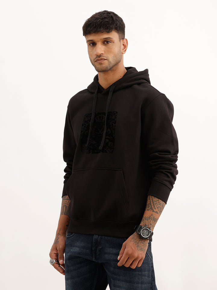 Solid Flock Printed Hoodie | Black