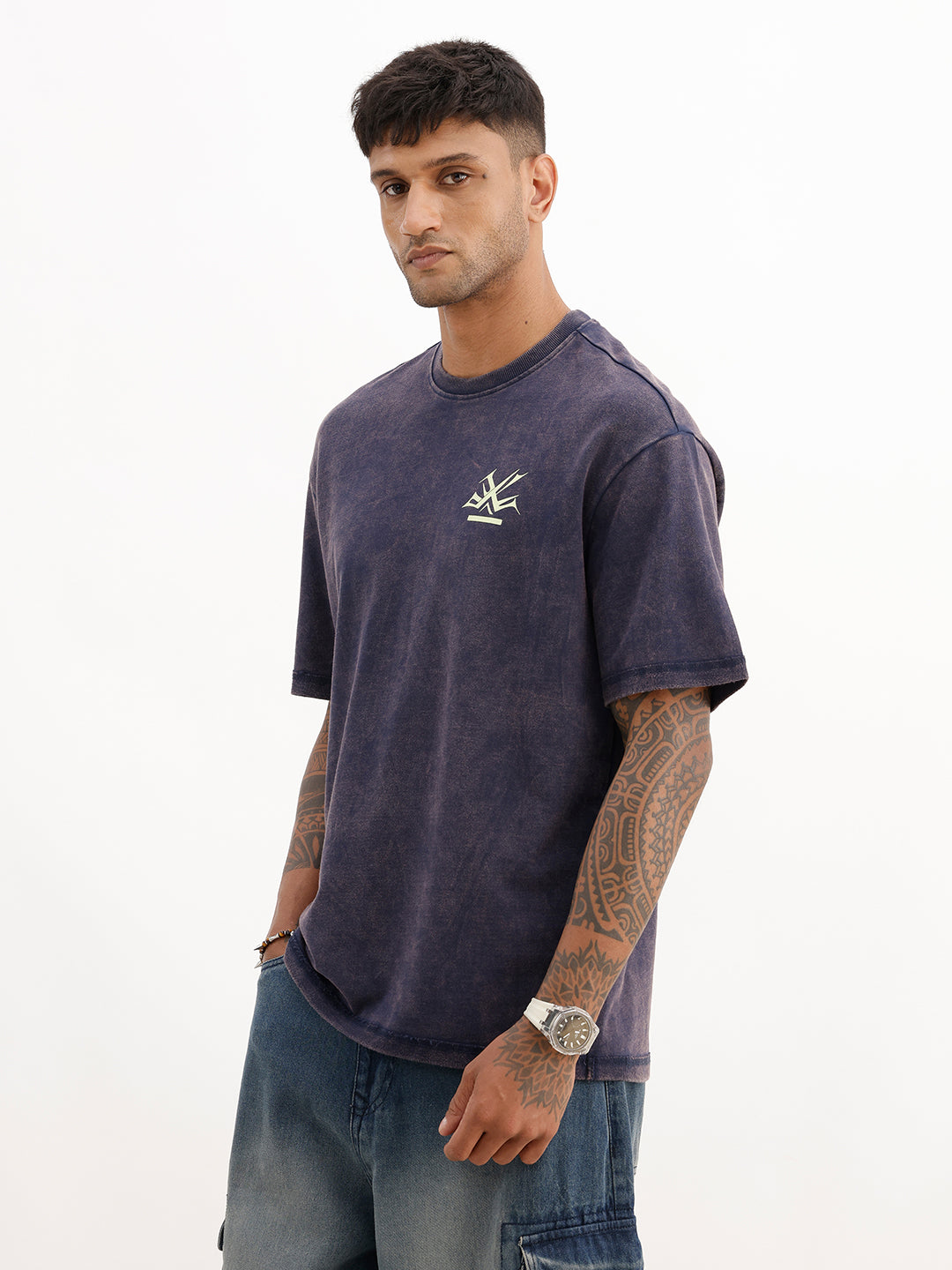 Washed Oversized Placement Printed T-Shirt | Blue