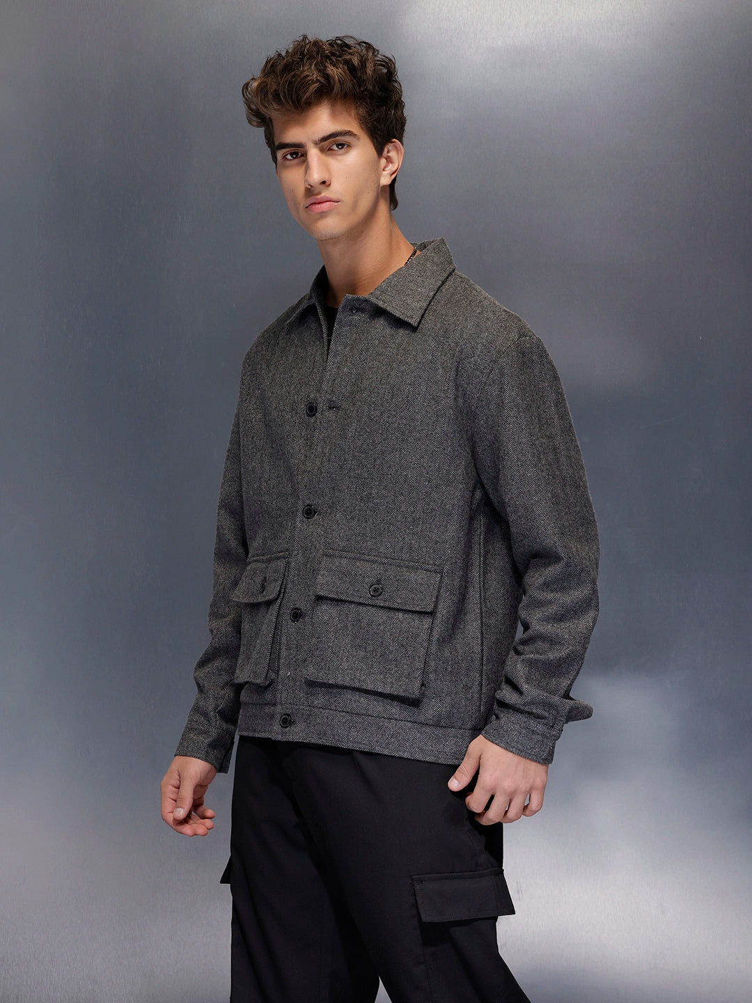 Classic Grey Button-Down textured jacket | Grey