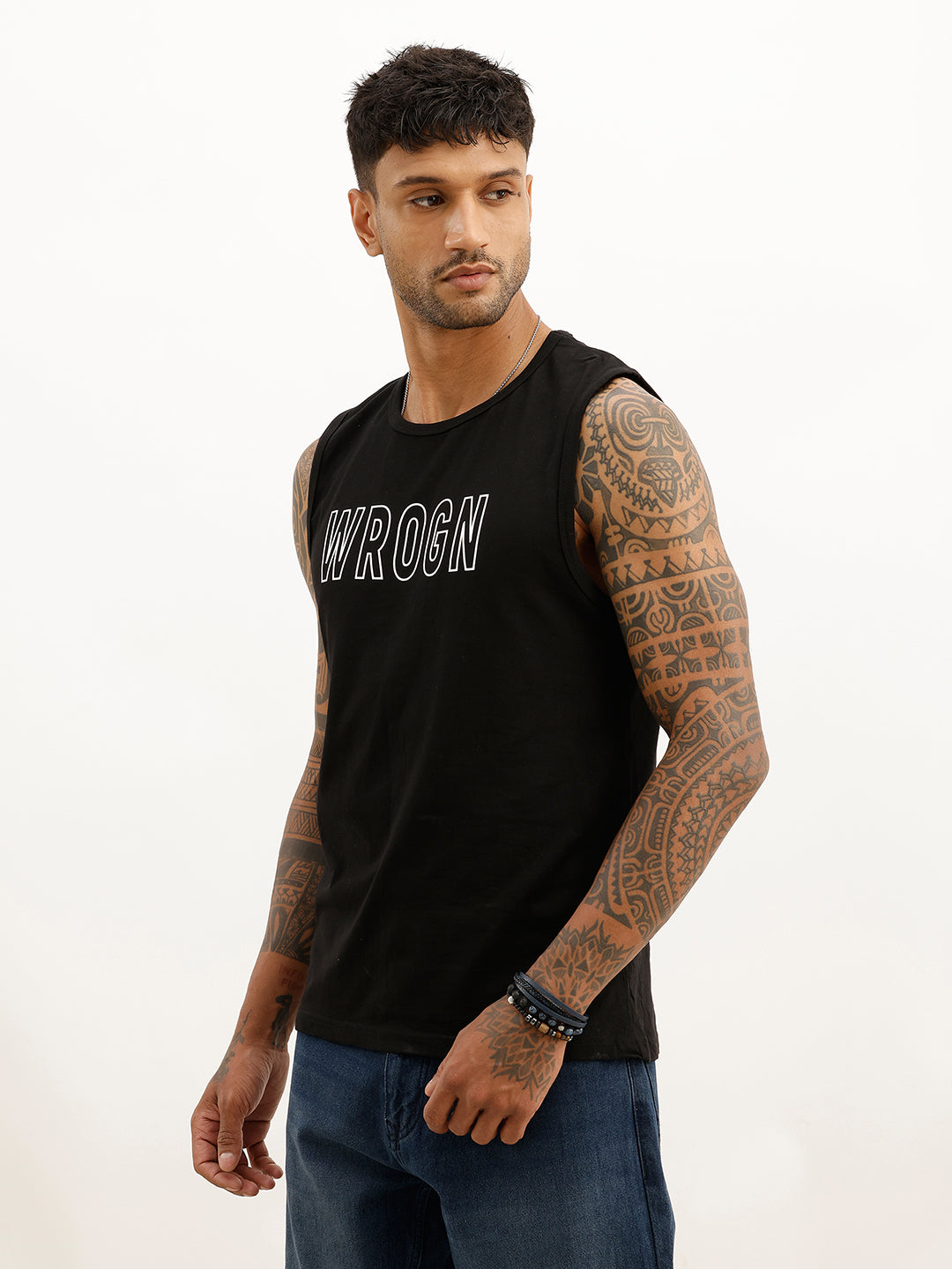 Placement Printed Cut Off Sleeve T-Shirt | Black