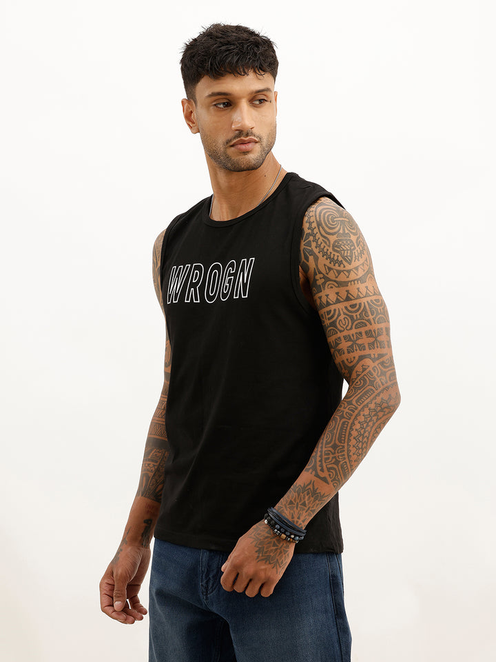 Placement Printed Cut Off Sleeve T-Shirt | Black
