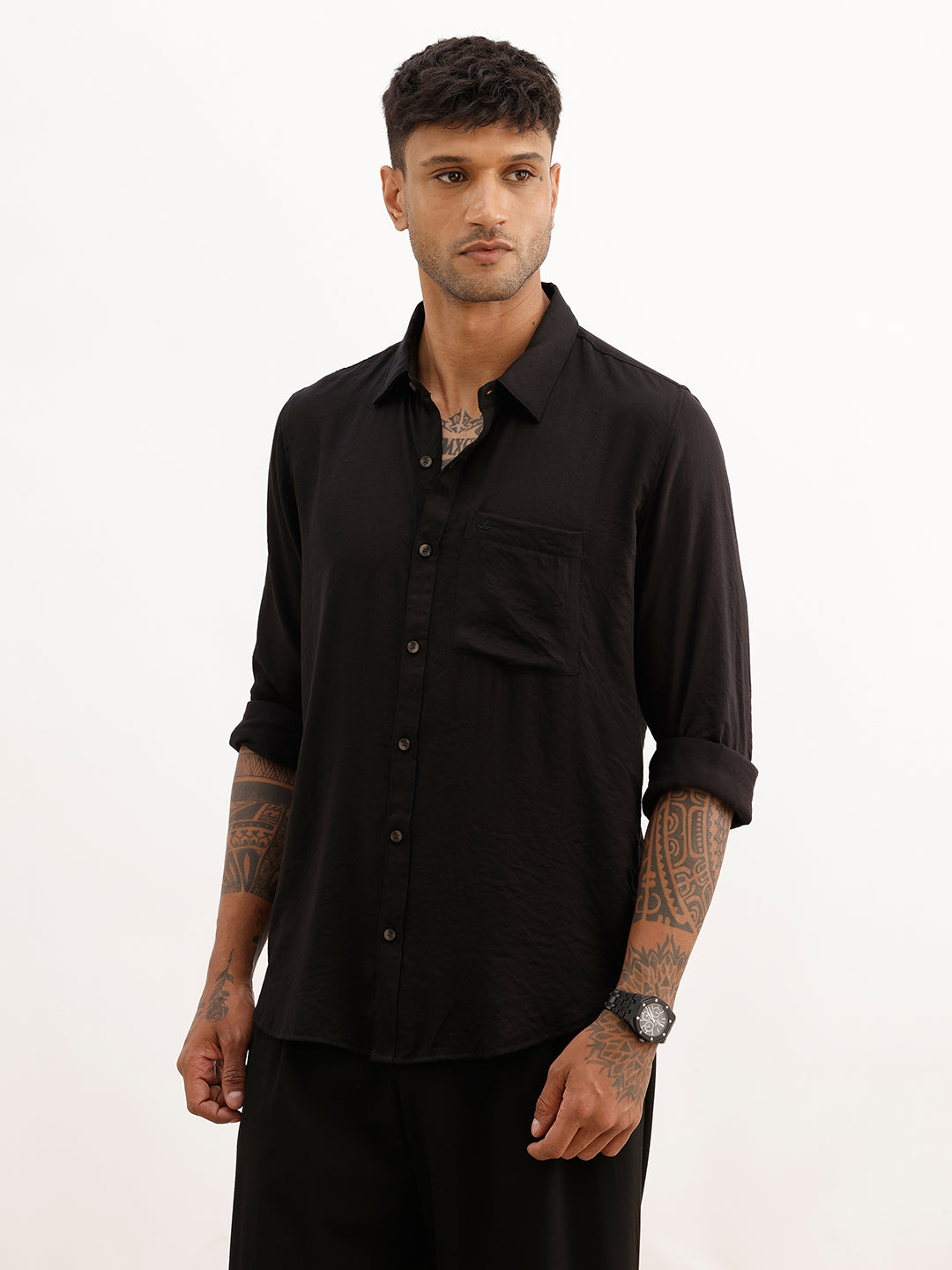 Solid Slim Fit Full Sleeve Shirt | Black