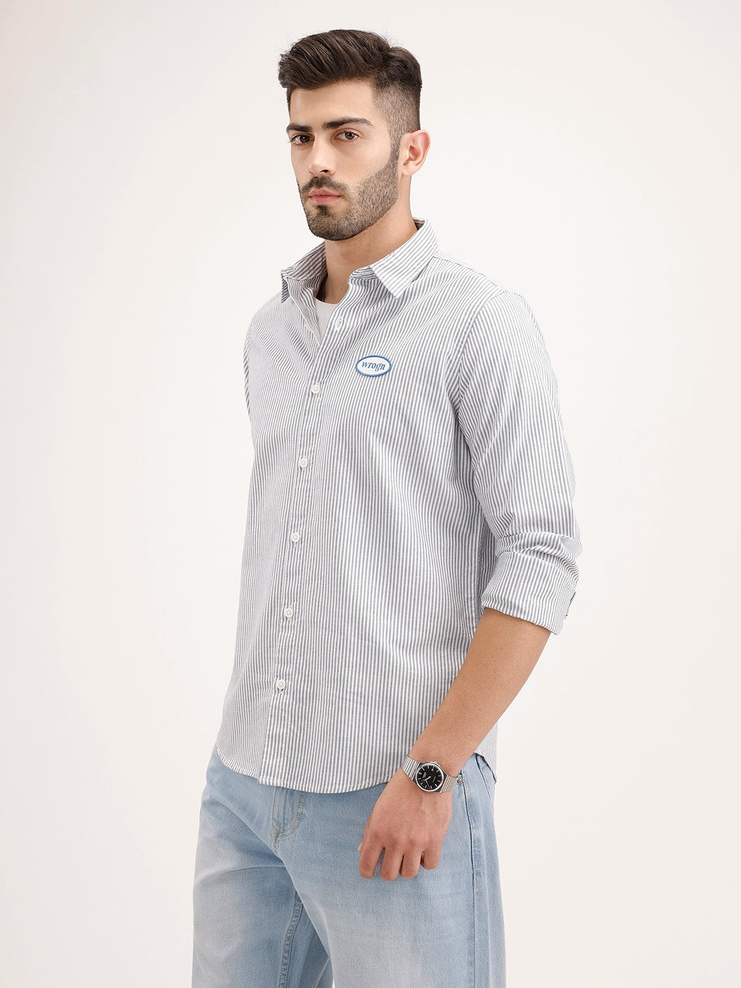 Comfort Fit Striped Patch Detailed Shirt | Grey