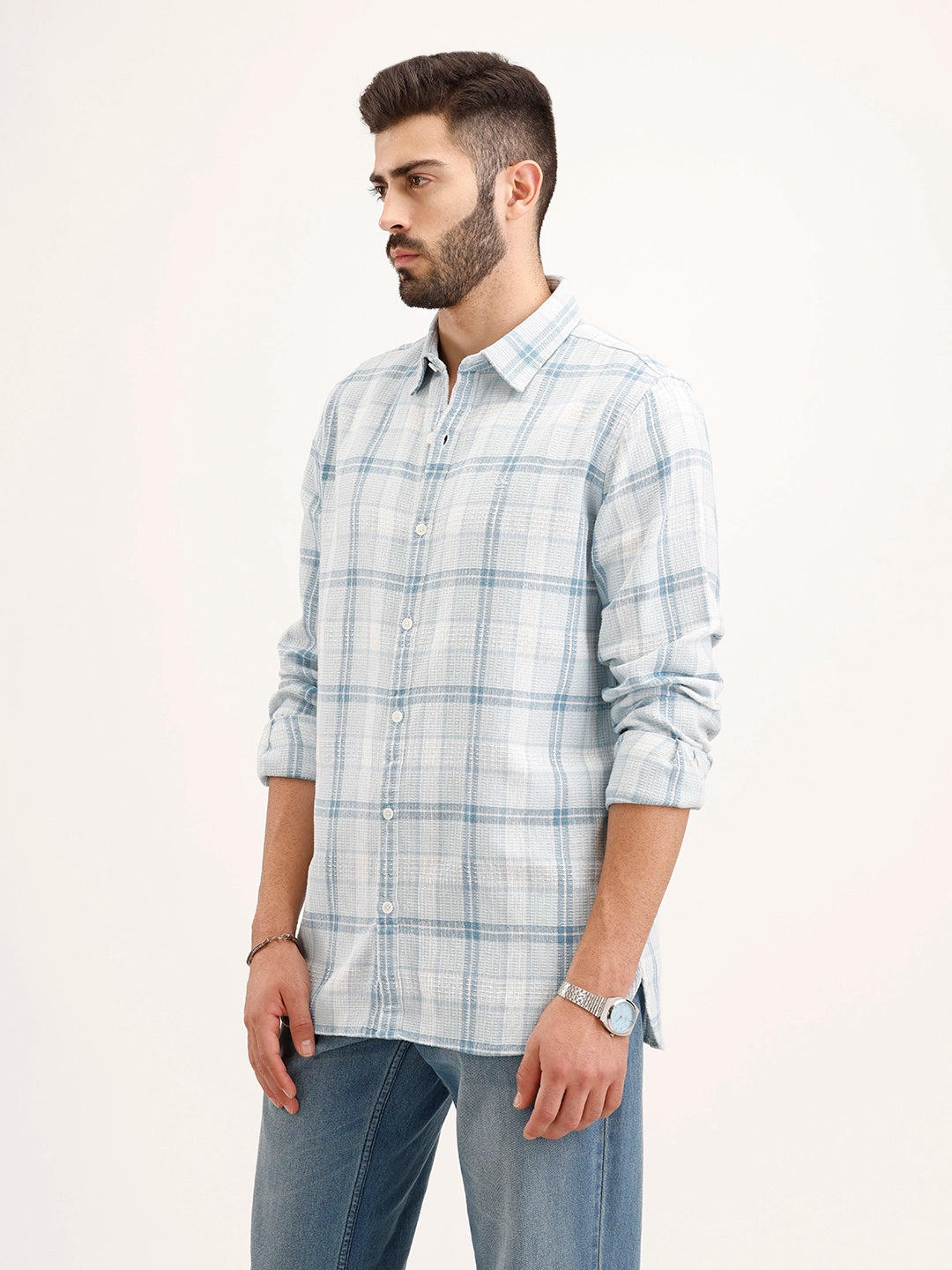Textured Regular Fit Checkered Shirt | Blue