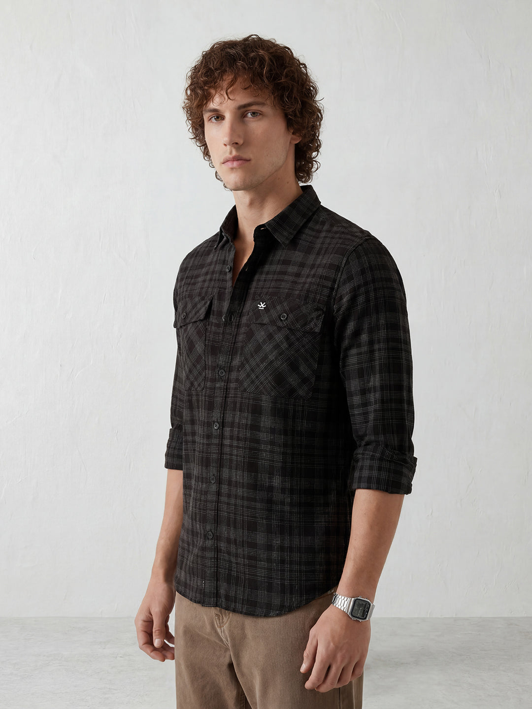 Slim Fit Double Pocket Shirt | Black