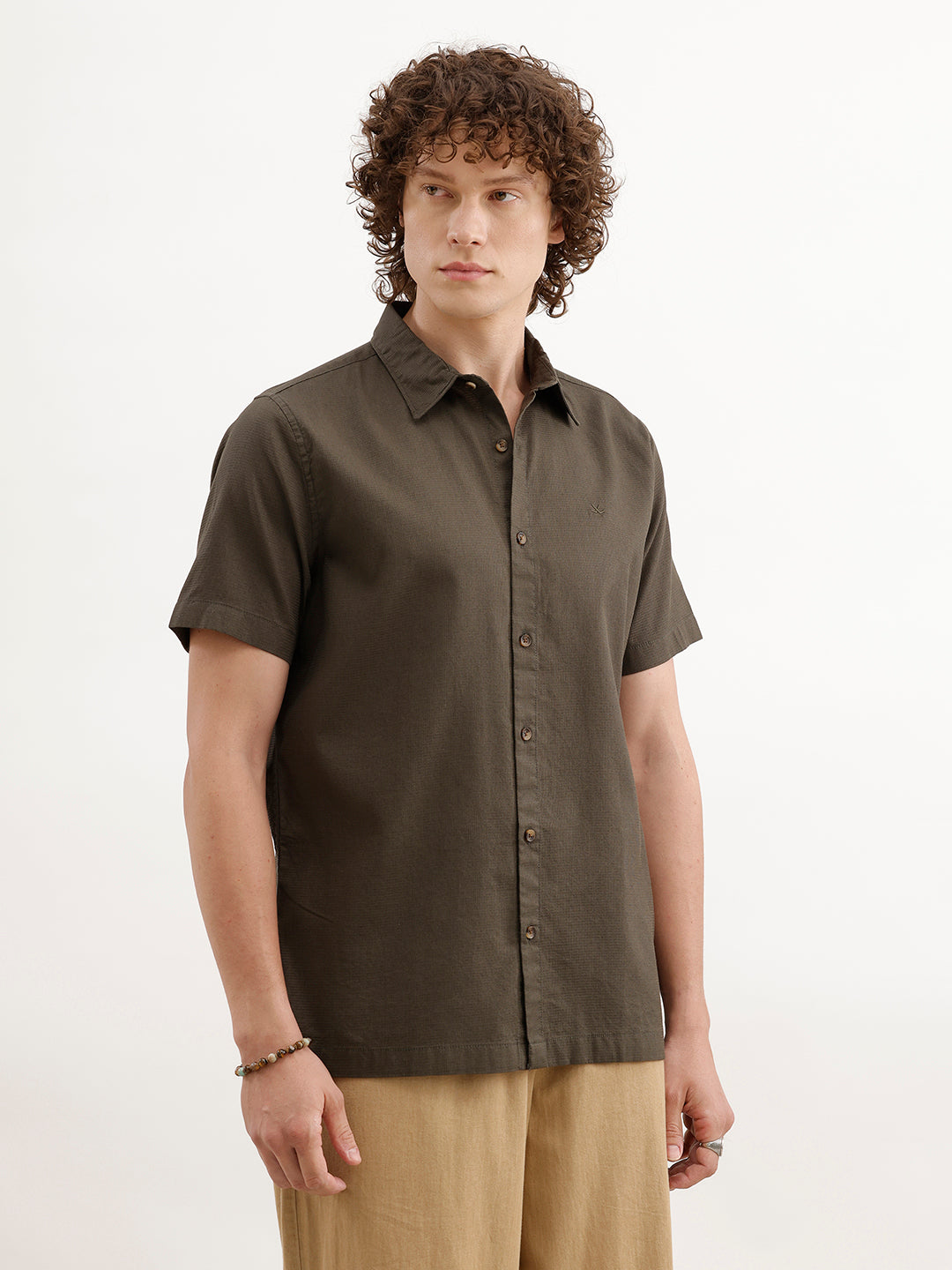 Solid Regular Fit Textured Shirt  | Olive