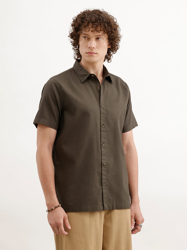 Solid Regular Fit Textured Shirt  | Olive