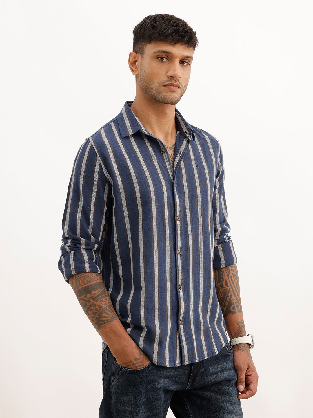 Slim Fit Striped Full Sleeve Shirt | Navy Blue