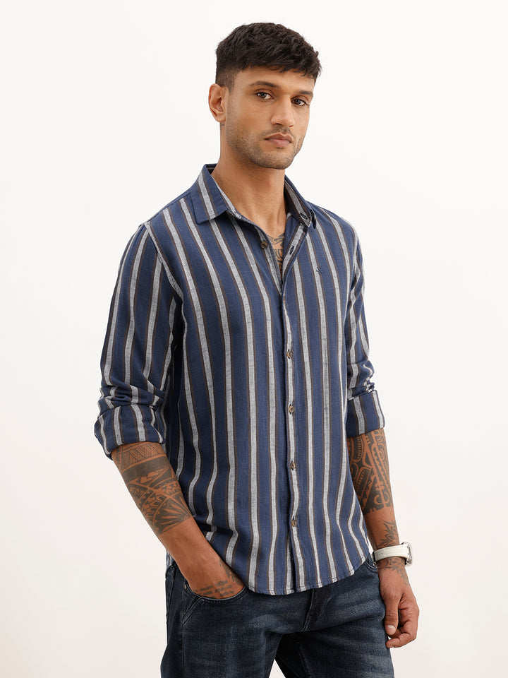 Slim Fit Striped Full Sleeve Shirt | Navy Blue