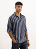 Slim Fit Striped Full Sleeve Shirt | Navy Blue