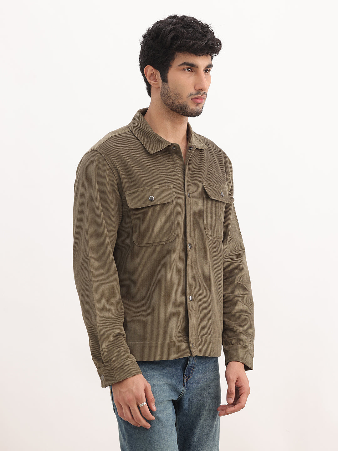 Solid Regular Fit Double Pocket Corduroy Jacket | Olive